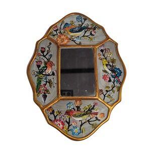 Handmade Peru Reverse Painted Glass Bird Floral Scalloped Wood Wall Mirror 9.5"